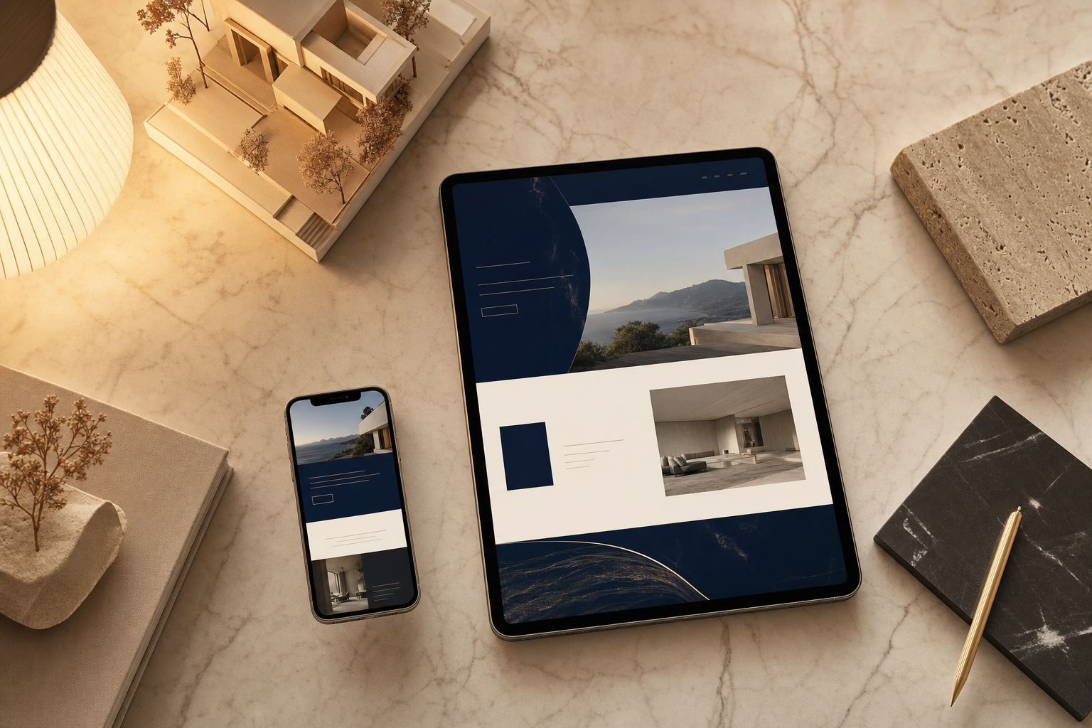 A tablet and phone displaying refined website layouts in navy and cream, arranged on cream marble.